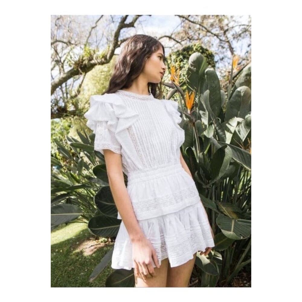 Maia Bergman Mery White Cotton‎ Eyelet Ruffle Mini Dress Size M
